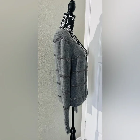 LOFT Sweater sheer silver metallic stripe V neck Size L NWOT - Picture 5 of 8